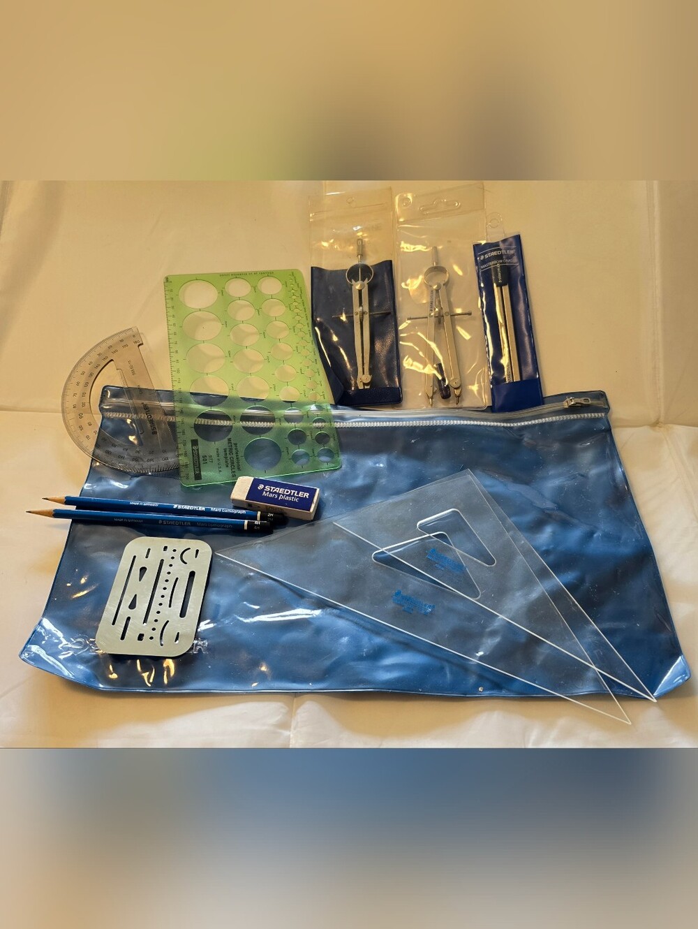 Staedtler Drafting Tool Set Compass Templates Triangles Protractor Lot w/ Case